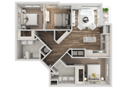 Floor plan for 3 beds, 2 baths, 1309 sqft